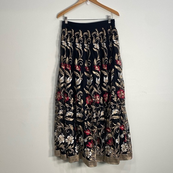 Soft Surroundings Small Gold Leaf Embroidered Maxi Skirt Floral - Picture 1 of 12
